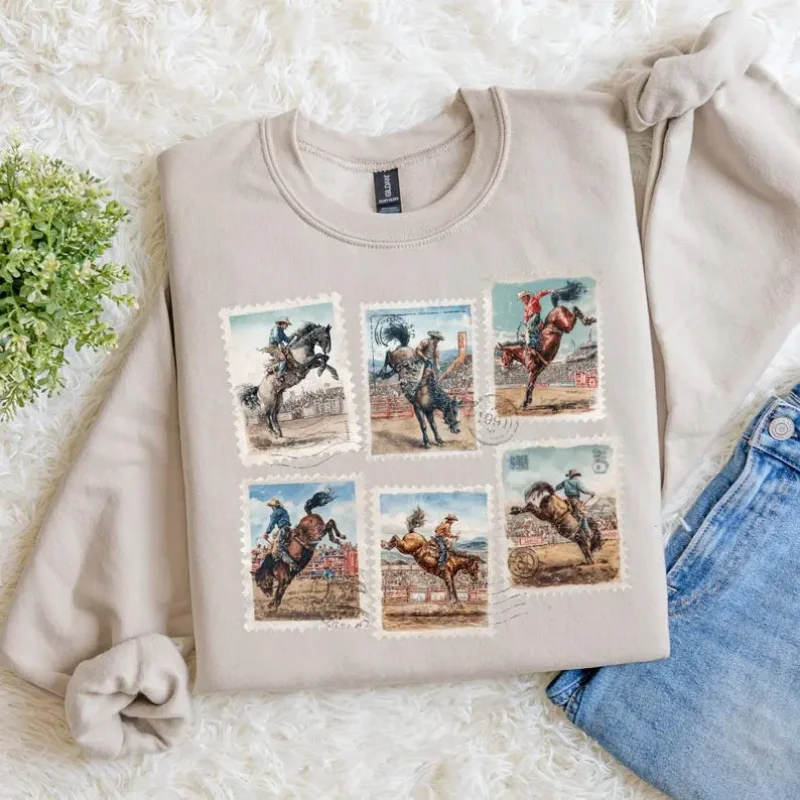 

Rodeo Sweatshirt Bucking Horse Western Cowboy Crewneck Vintage Rodeo Stamp Sweater Country Cowgirl Sweatshirt Rustic Western