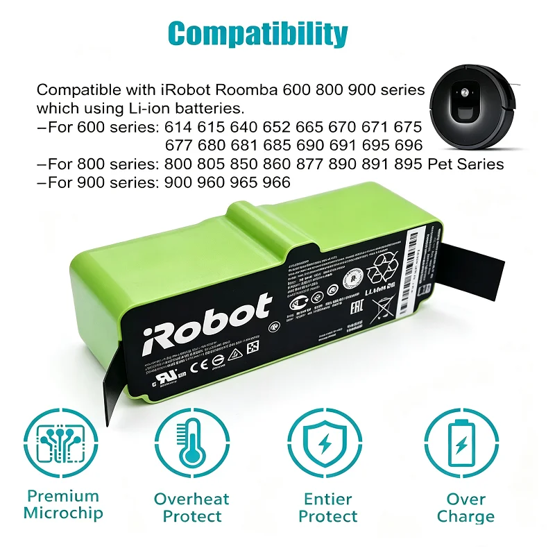 Hochleistungs-Li-Ion-Akku 14,4 V 12800 mAh für iRobot Roomba-Serien, 900, 700, 600, 960, 981, 965, 895, 890, 860.