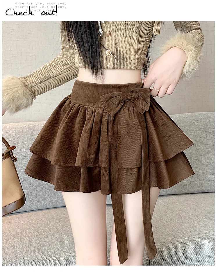 

Women's Brown Bow Ruffled Elastic Waist Ins Short Skirt French Gentle 2000s Aesthetics Elegance High-Waisted A-Line Tiered Skirt