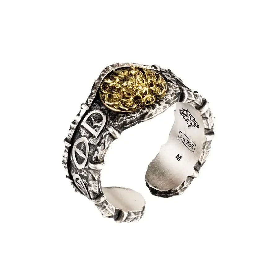 

Открытое кольцо из стерлингового серебра 925 пробы с пламенем дракона для мужчин, винтажное инкрустированное медное кольцо с головой дракона, регулируемый ремешок в стиле панк-рок, готическая мода