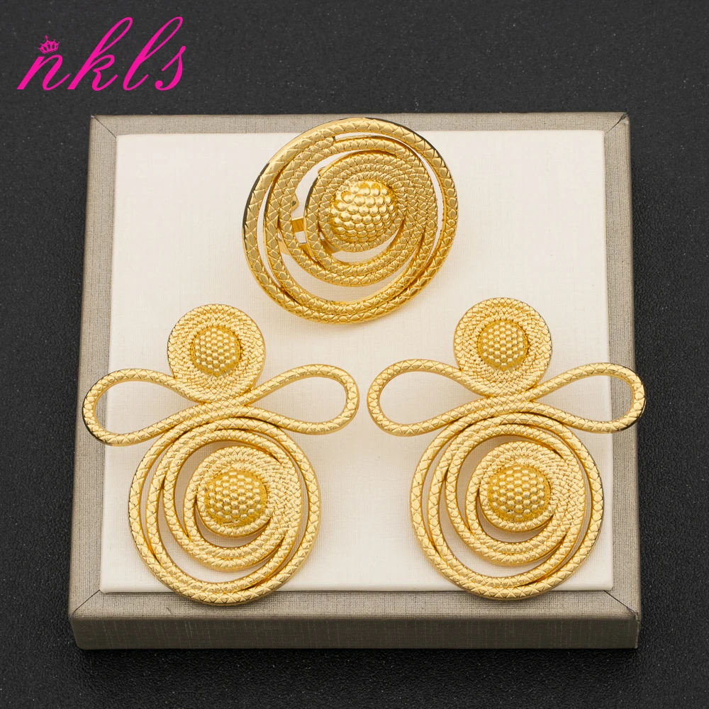 

African Earrings and Ring Jewelry Set for Women 8 Shape Design Party Gold Color Luxury Earrings Cocktail Ring Christmas Gift