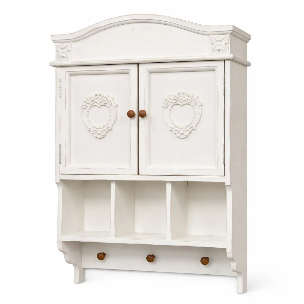 

French Country Wall Cabinet Wooden Hanging Storage Cupboard, Vintage Farmhouse Wall Shelf with Doors, Hooks & Open Cubes for Kit