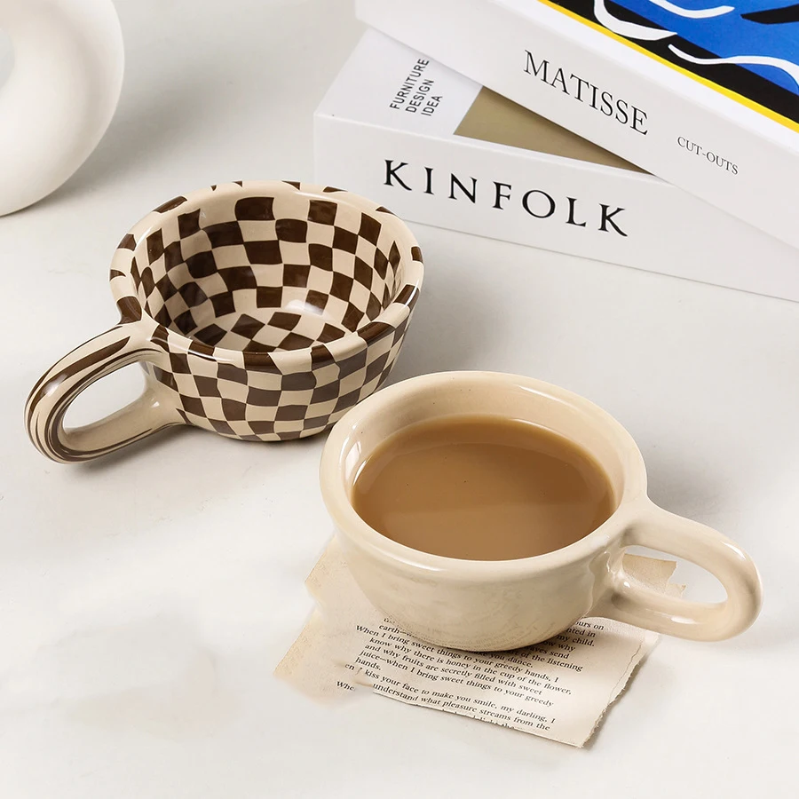 210ml Coffee Mug Checkerboard Ceramic Breakfast Oatmeal Milk Tea Cup Instant Noodles Bowl Novelty Gifts Best For Your Friends