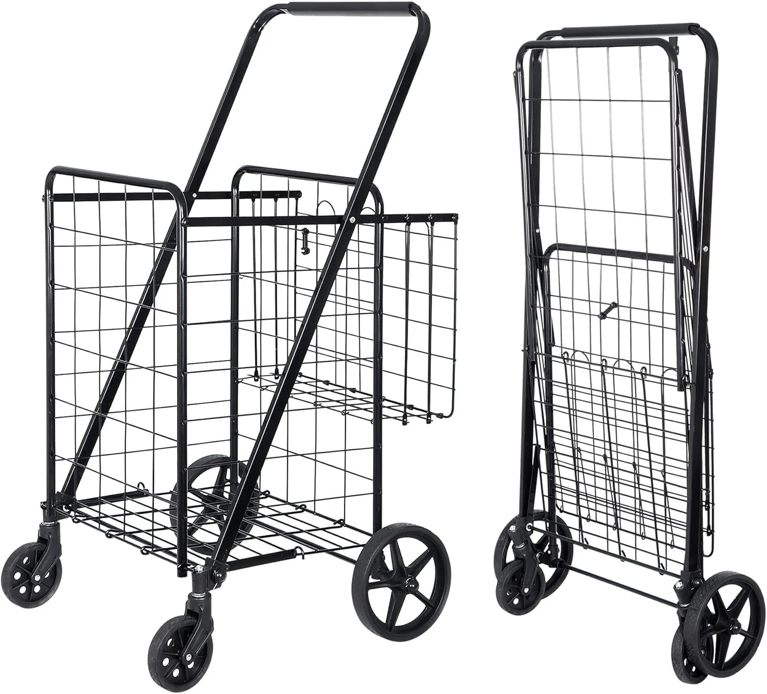Carrello Pieghevole con Ruote e Doppio Cestino per Spesa, Bucato, Libri, Bagagli, Viaggi, Nero