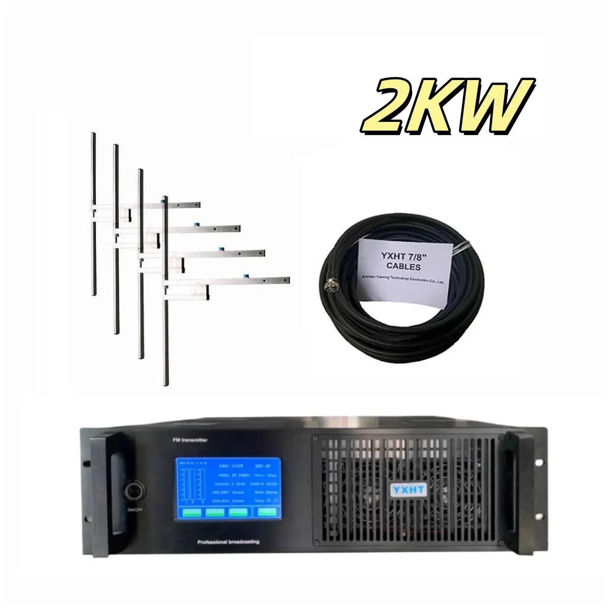 YXHT-2, 2KW 3U Complete Package: 2KW FM Transmitter + 4-Bay Antenna + 30 Meters 7/8