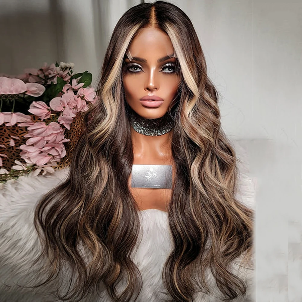 Honey Brown Blonde Long Wavy Wig 30" Ombre Brown Balayage Blonde Virgin Human Hair Full Lace Wigs Premium Hair HD Lace Front Wig image 4