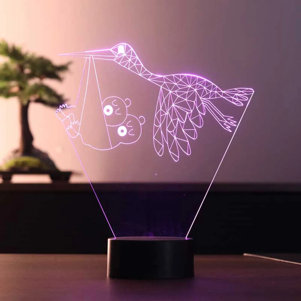 Acrylic Stork Gemini 3D Illusion Led Table Lamp Design Wood Base 12 Volt Adapter Daylight Gift for Mothers Xmas Party Decoration Room Decor Anime Wedding Stranger Things Led Lights Wedding Decoration Nightlights