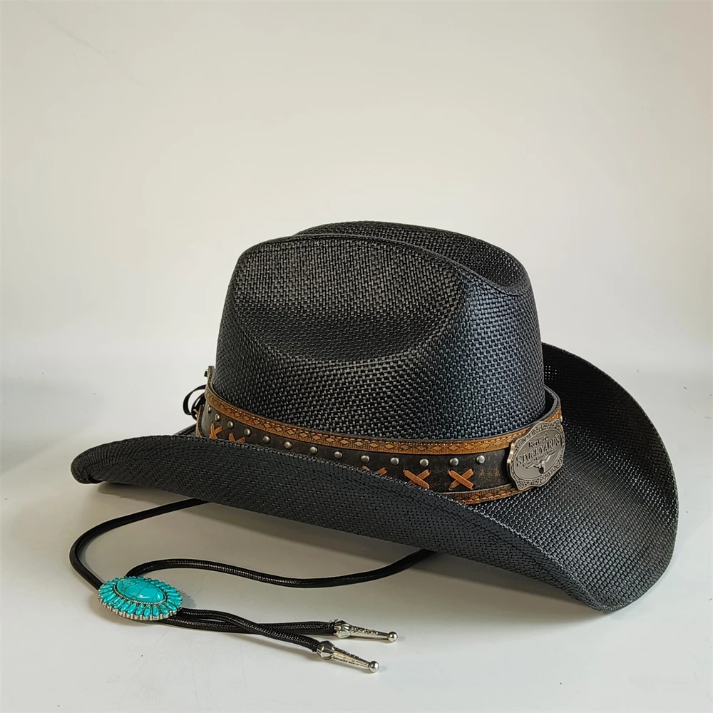 Men Stiff Straw Cowboy hat women Pasture straw hat cowgirl straw hat Turquoise Bolo Tie rope summer Sun hat sombrero vaquero