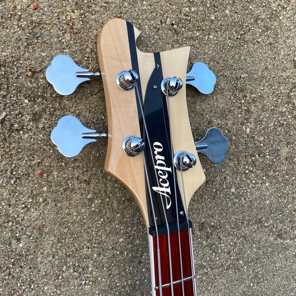 Maple+Rosewood Neck Thru Body Electric Bass Guitar, Adjustable Bridge, Spalted Maple, Checkerboard Binding, Black Pickguard Bass