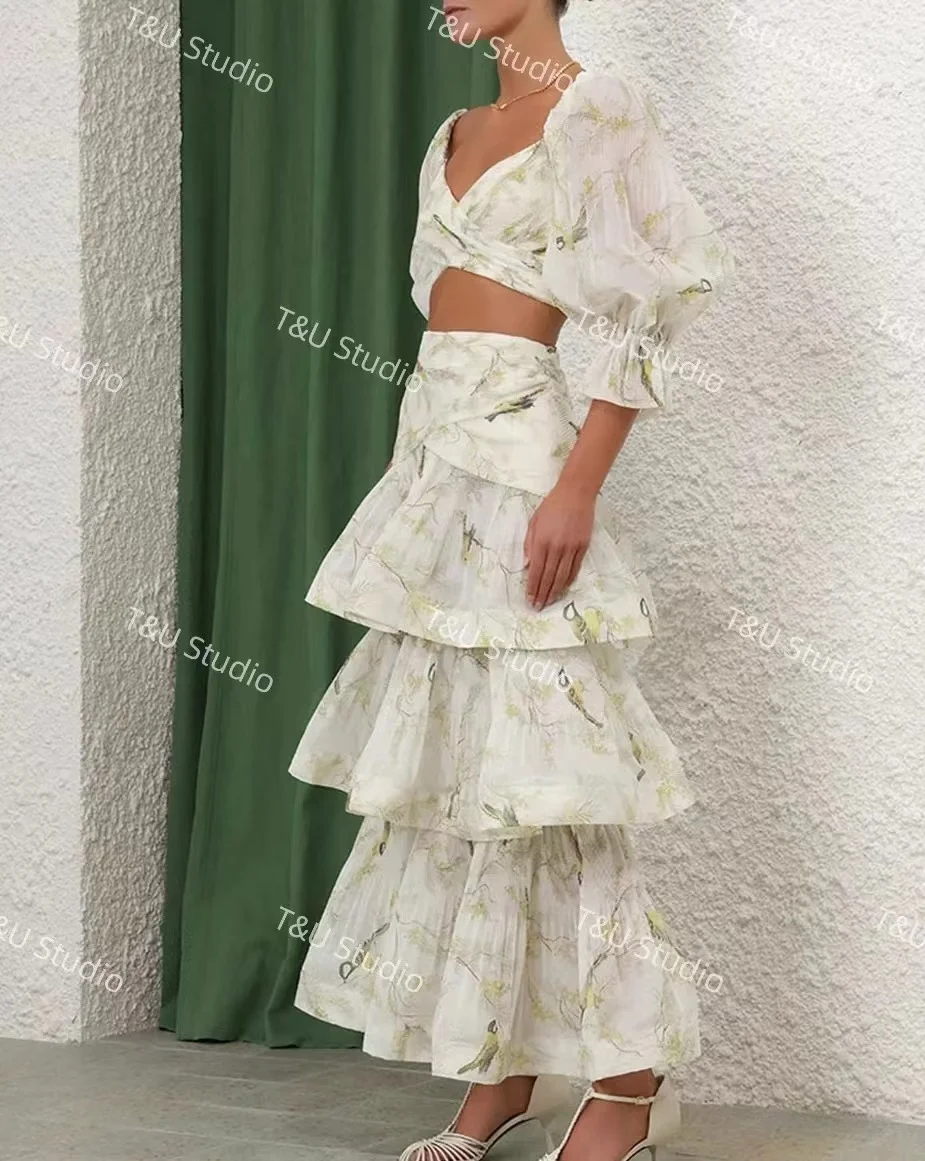 

2024 Acacia flower and bird pattern ruffled layered skirt top and skirt suit