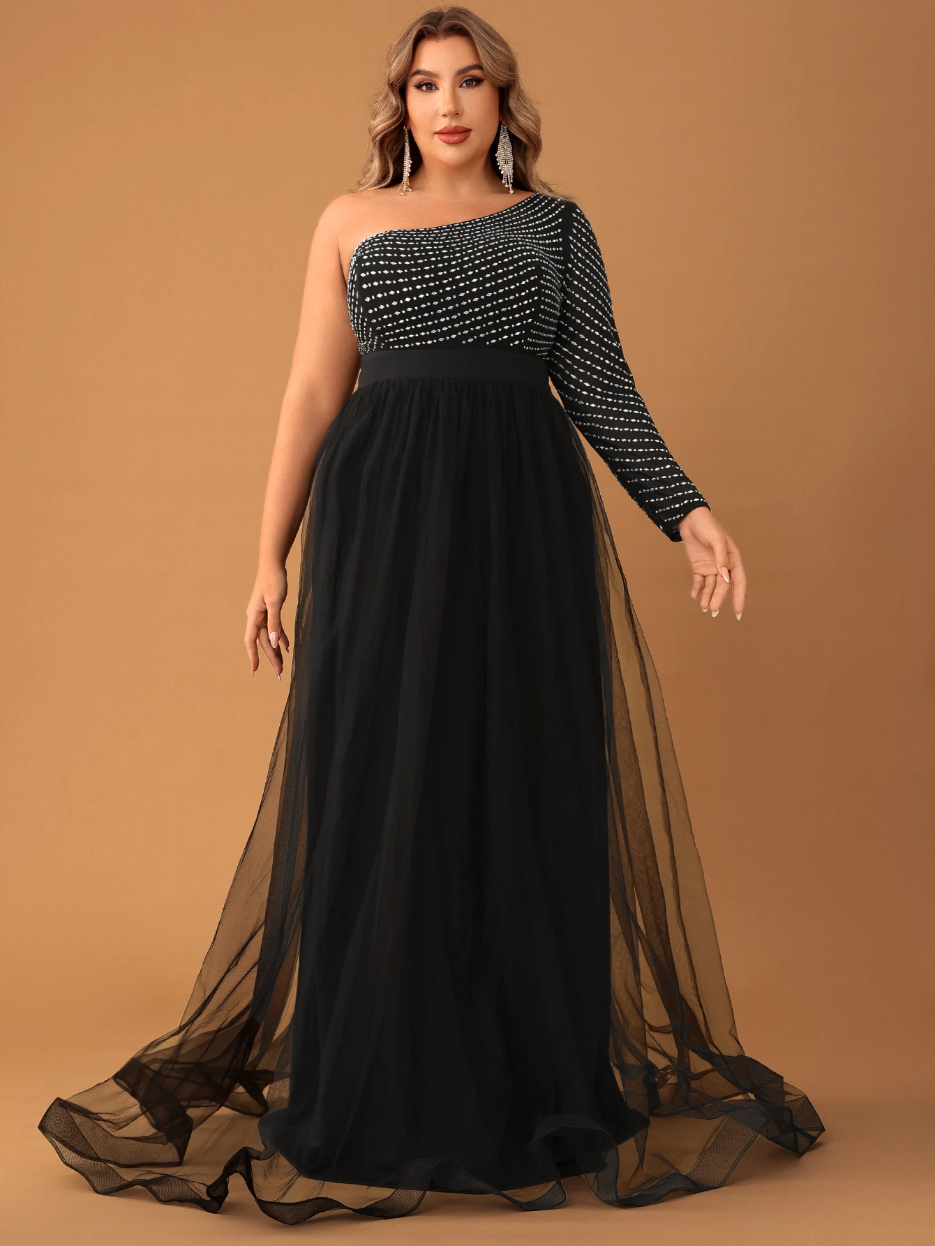 

YISIKADO Giffniseti Women's Plus Size Elegant Crystal Beaded Single Sleeve Mesh Contrast Evening Dress, Ball Gown