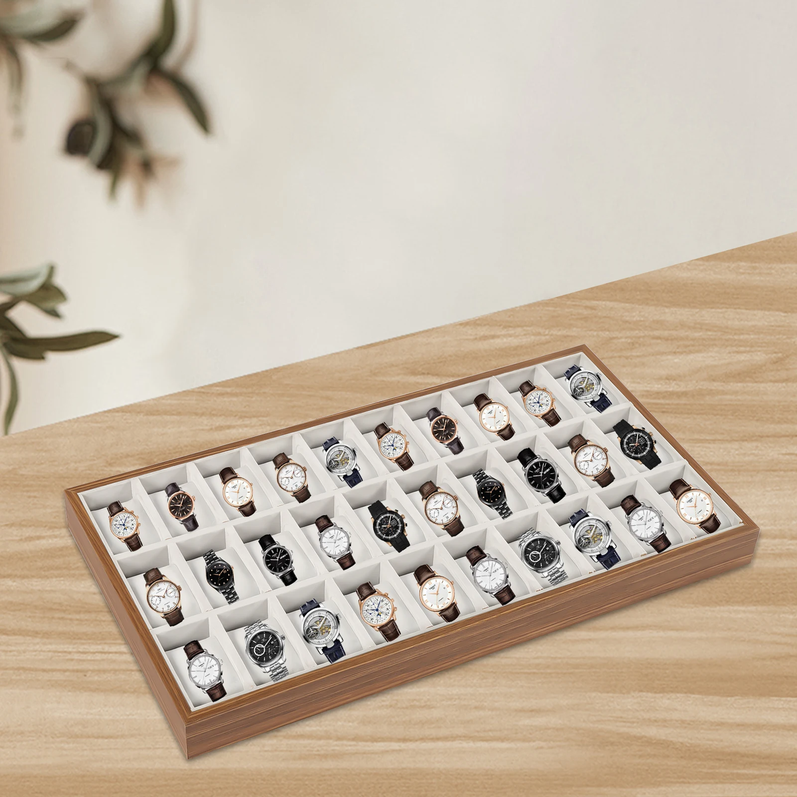 30-слотовый деревянный ящик для часов-органайзер со съемными фланелевыми подушками для ювелирных изделий и браслетов, стеклянная верхняя витрина для хранения