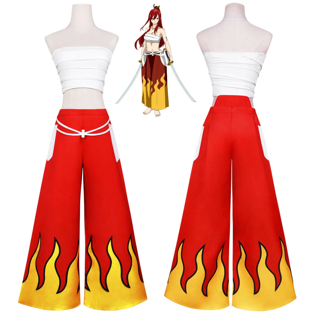 

Erza Clear Heart Clothing Costume, Anime Fairy Tail Erza Scarlet Cosplay Costume, Printed Wide Leg Pants, Women Warrior Outfit