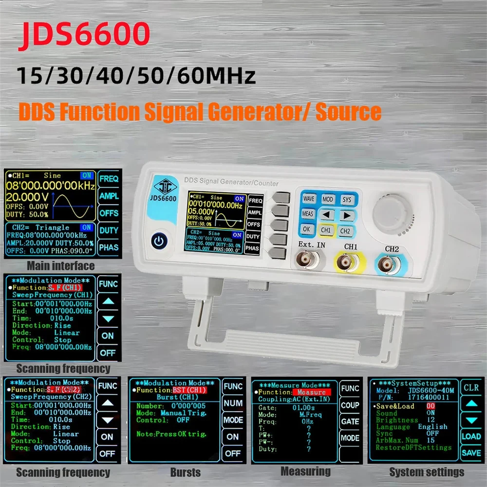 JDS6600 15/30/40/50/60MHz DDS Function Signal Generator/Source Dual/2-CH Frequency Meter Arbitrary Waveform Pulse Generator