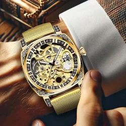 New Men's Mechanical Watch luminous Golden Business Luxury Mesh Belt Hollowed out dial Man Mechanical wrist watches