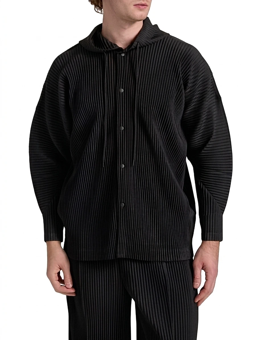 Miyake Pleated Hooded Jacket Men Long Sleeve Button Open Front Casual Coat Japanese Minimalist Streetwear