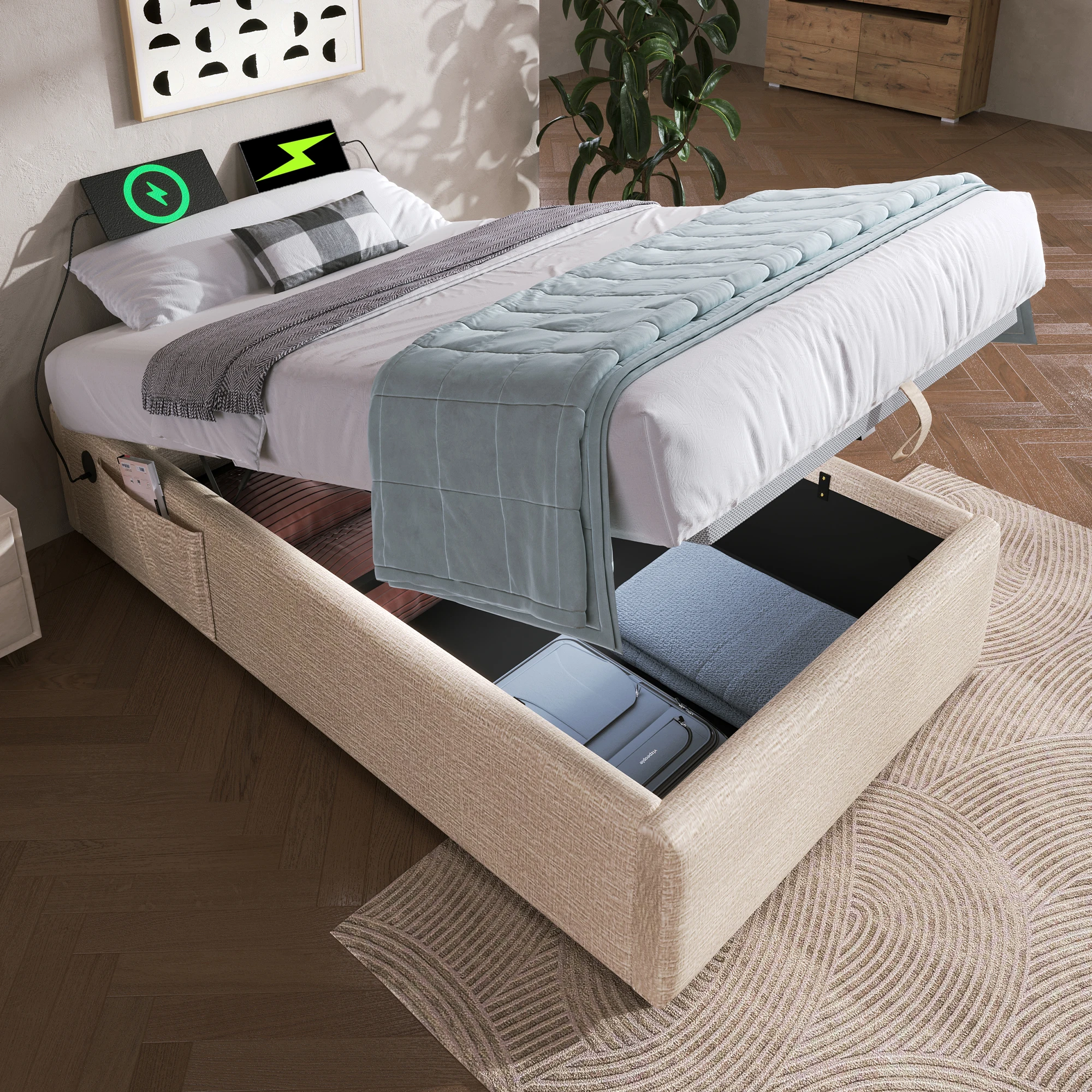 Cama simple de 90 cm con estructura sin cabecero de diseño natural, USB-C en toda la superficie y base de listones, diseño limpio y robusto para dormitorio