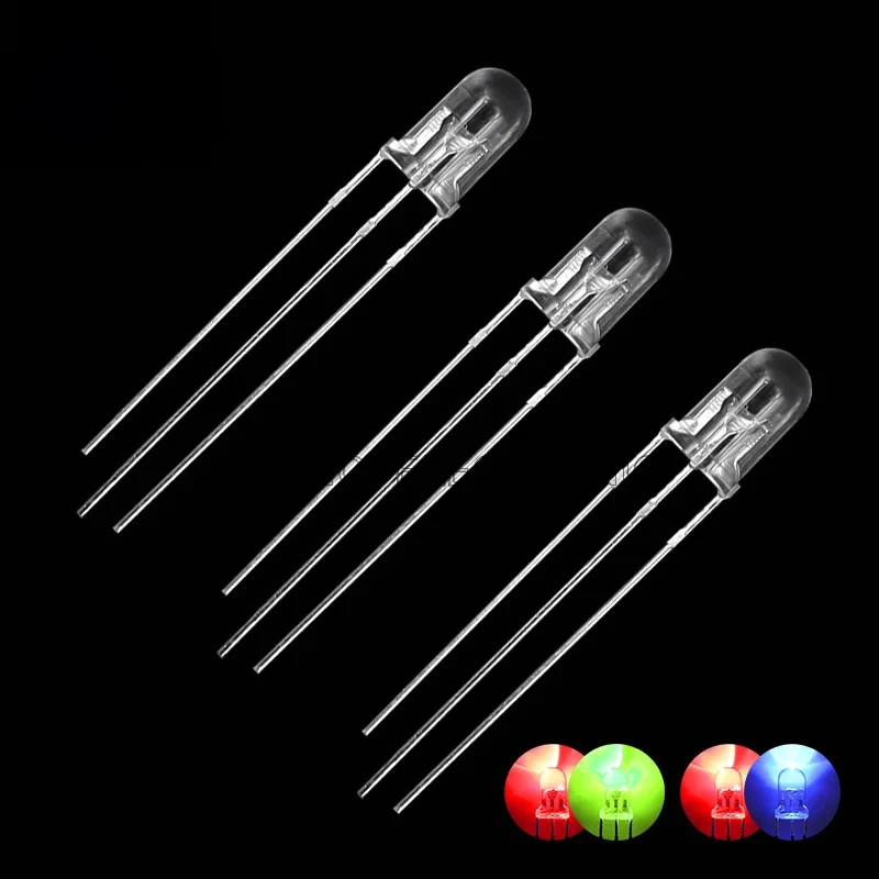 50szt F5 5MM Okrągła przezroczysta / przeciwmgielna dwukolorowa wspólna anoda / katoda LED czerwona i zielona czerwona i niebieska dwukolorowa 3-pinowa dioda elektroluminescencyjna — zdjęcie 2