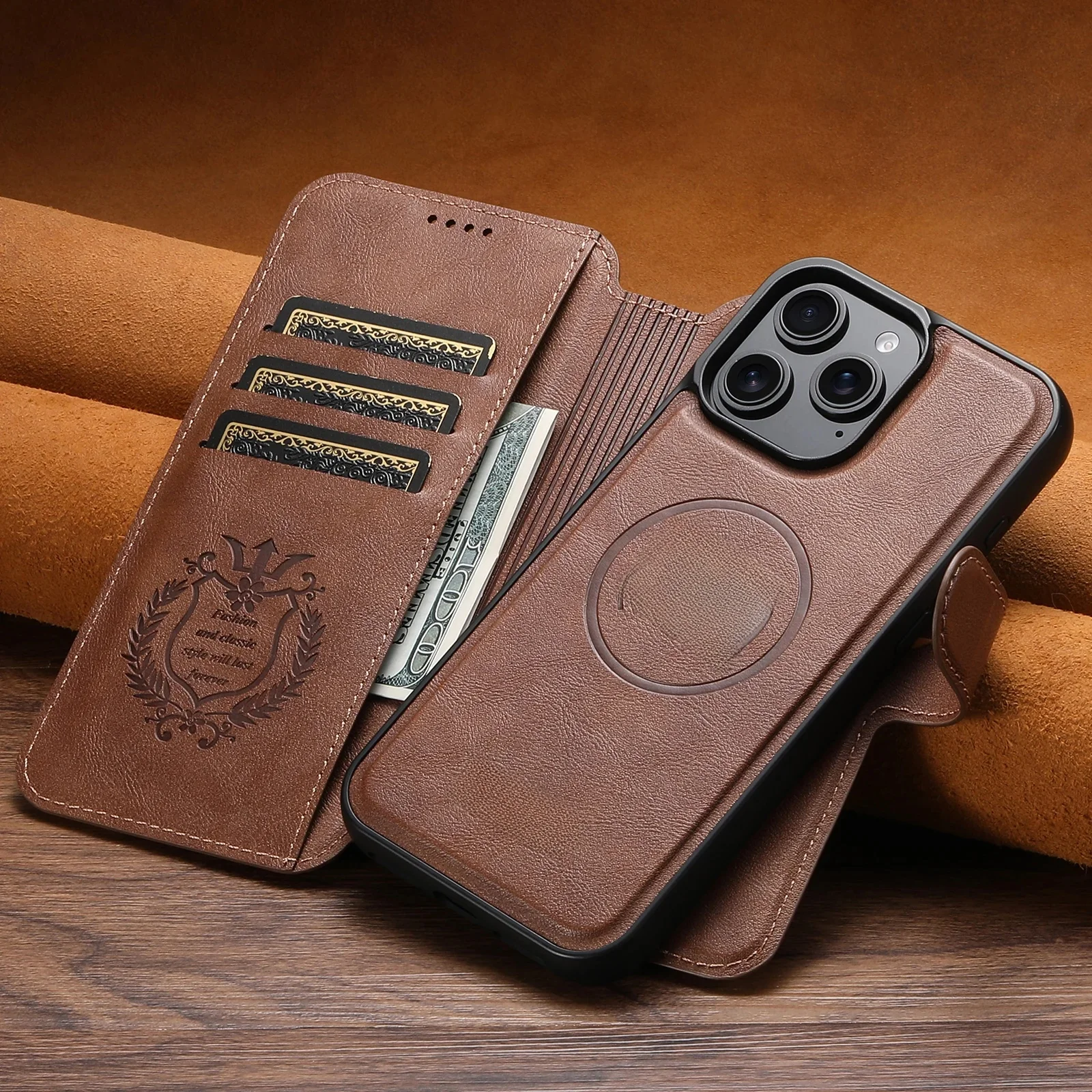PU-leer Draadloos opladen Kaarthouder Stand Portemonnee Magnetische flip-cover Telefoonhoesje voor iPhone 17 Pro Max 16 Plus 15 14 13 12 - afbeelding 2