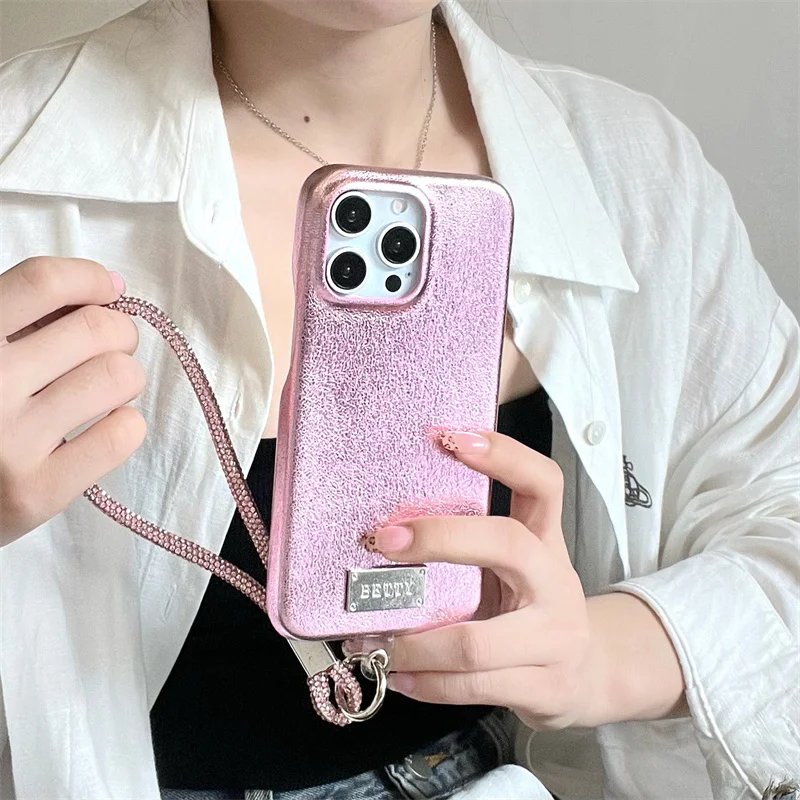 Fashion 2yk Smooth Leather Phone Case For iPhone 15 Pro 12 14 13 Pro Max Cover with Hand Rope Strap Cute Cases 14pro 15max Funda