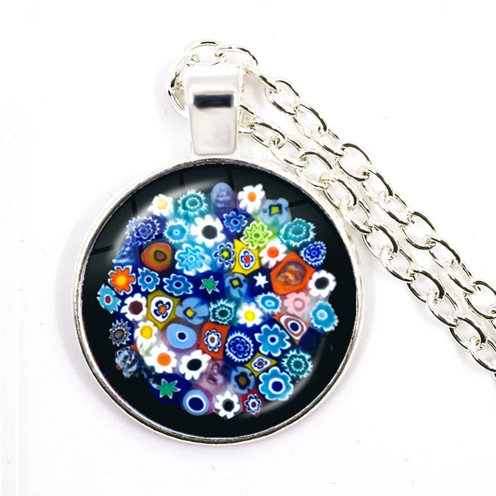 Murano Millefiori Wisiorek Naszyjnik Wielokolorowy Kwiat 25mm Szklany Kaboszon Naszyjnik Biżuteria Dla Kobiet Mężczyzn Prezent Hurtownia — zdjęcie 2