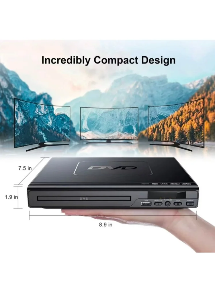 Kompakter DVD-Player für Zuhause mit USB-Anschluss, Regionenfreier DVD-Disc-Player für TV, Inklusive Fernbedienung & AV-Kabel