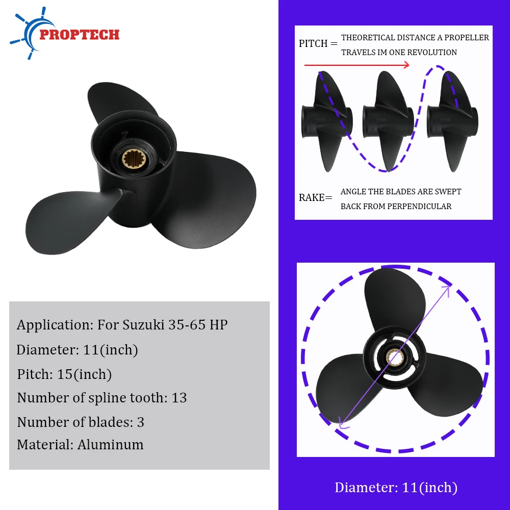 For Suzuki 35HP 40HP 50HP 55HP 60HP Outboard Propeller 11X15 Boat Motor Aluminum Alloy Ship Marine Engine 3 Blade 13 Spline