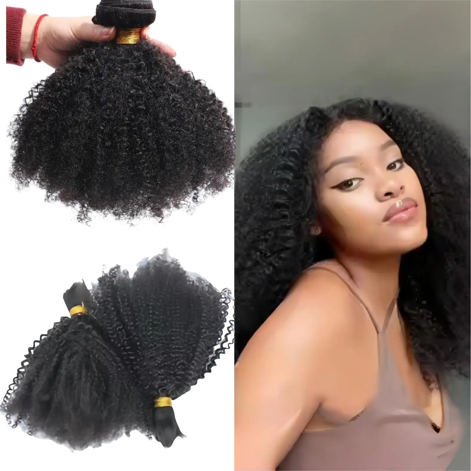 Afro verworrenes lockiges Haar mit Massenverlängerungsgeflecht, einzelner Spender, rohes reines Haar, 100 % Menge, vietnamesisches Echthaar, natürliche Farbe