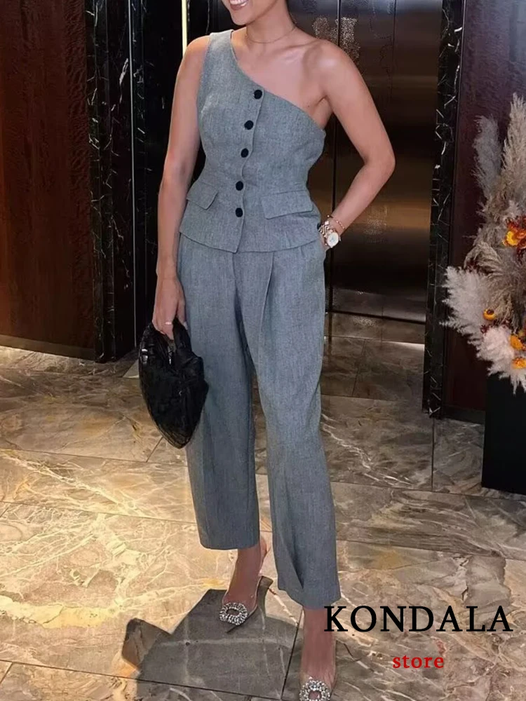 

KONDALA New Chic Grey Fashion 2023 Autumn Office Lady Women Suit Sleeveless Blazer Button Waistcoat Casual Wide Leg Zipper Pants