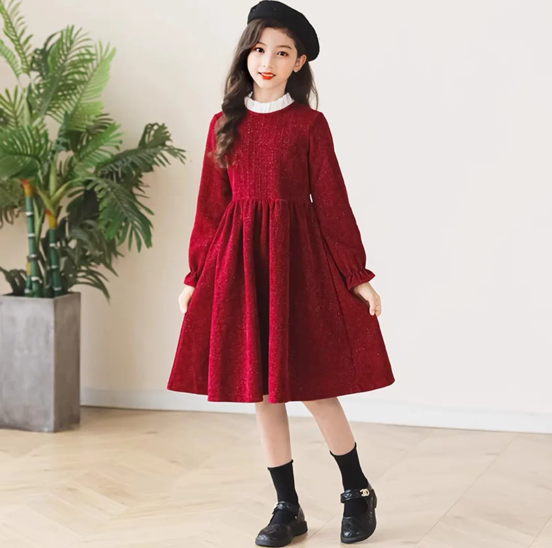 

3 To 14 Girls Red Dress Spring Autumn Long Sleeves Dress Elegant Kids Princess Birthday Party Clothes Children New Years Costume