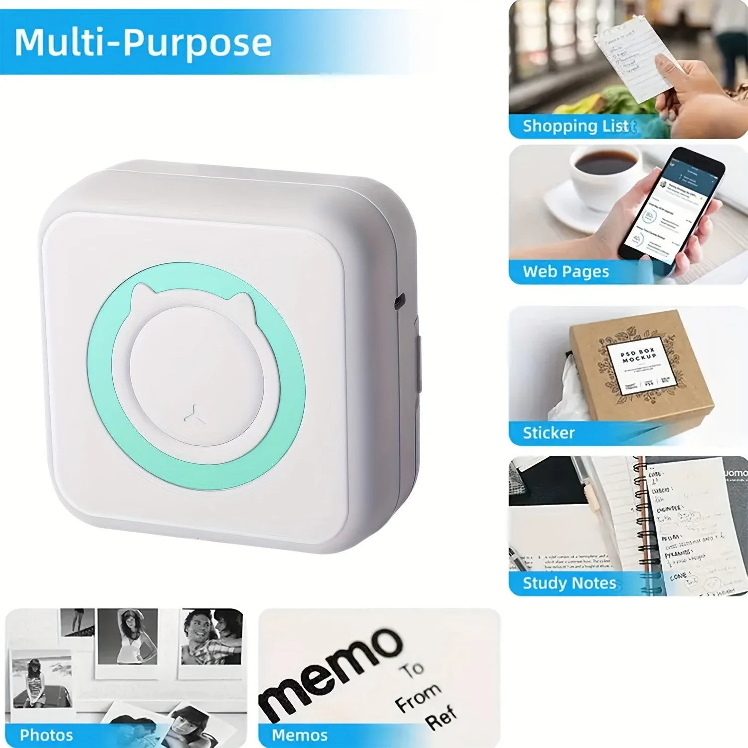 Mini Portable Wireless Photo & Label Printer, USB Rechargeable Ink-Free Design for Journaling, Study Notes, Home, Office, Memos