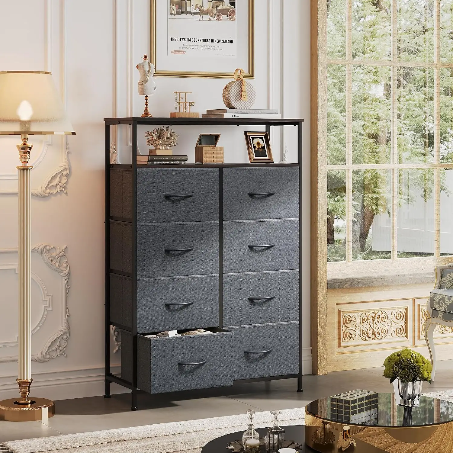 8 Drawer Fabric Dresser Open Shelves, Tall Bedroom Chest