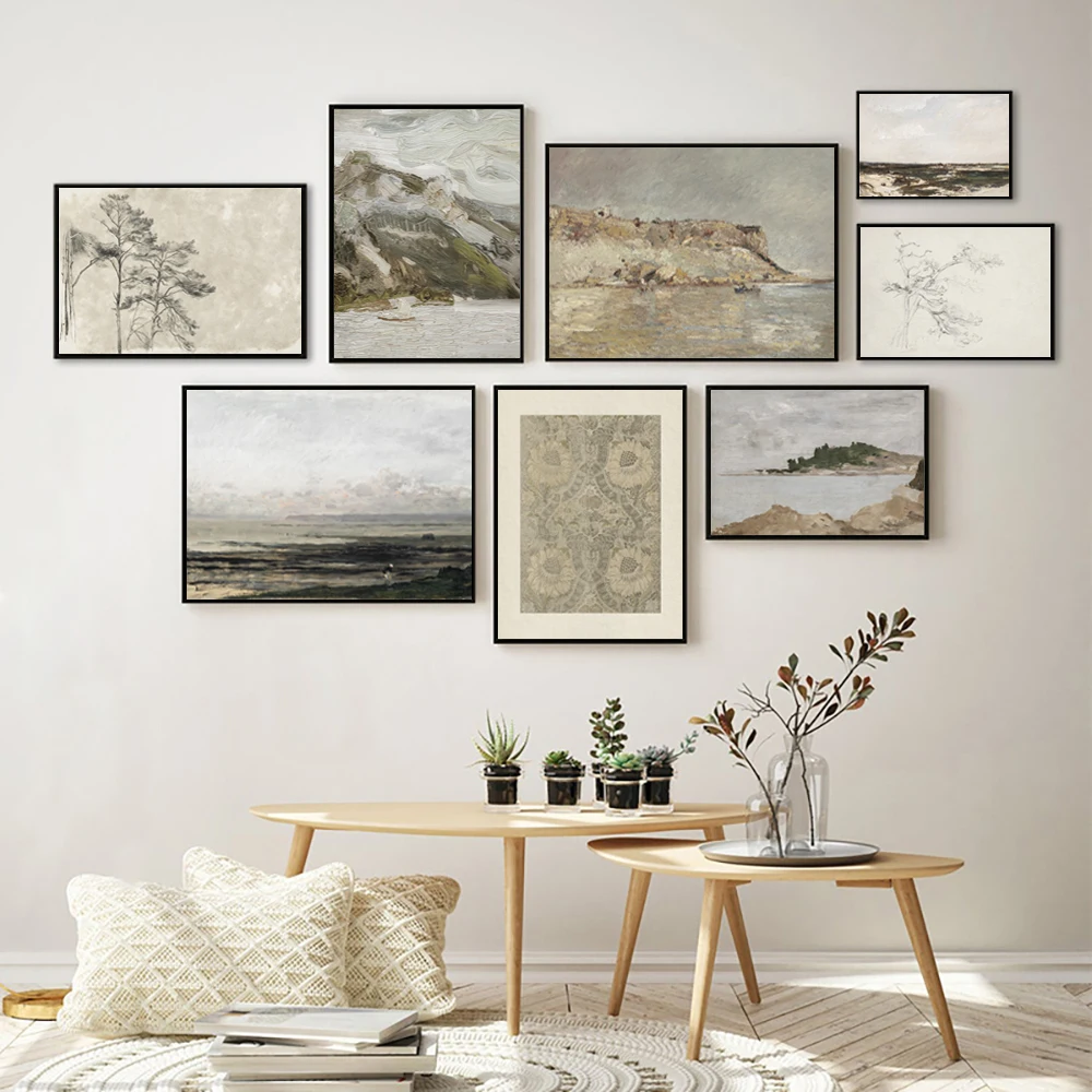 Moody Seascape Vintage Oil Painting Canvas Poster Neutral Coastal Gallery Wall Art Print Beach Landscape Pictures Nautical Decor