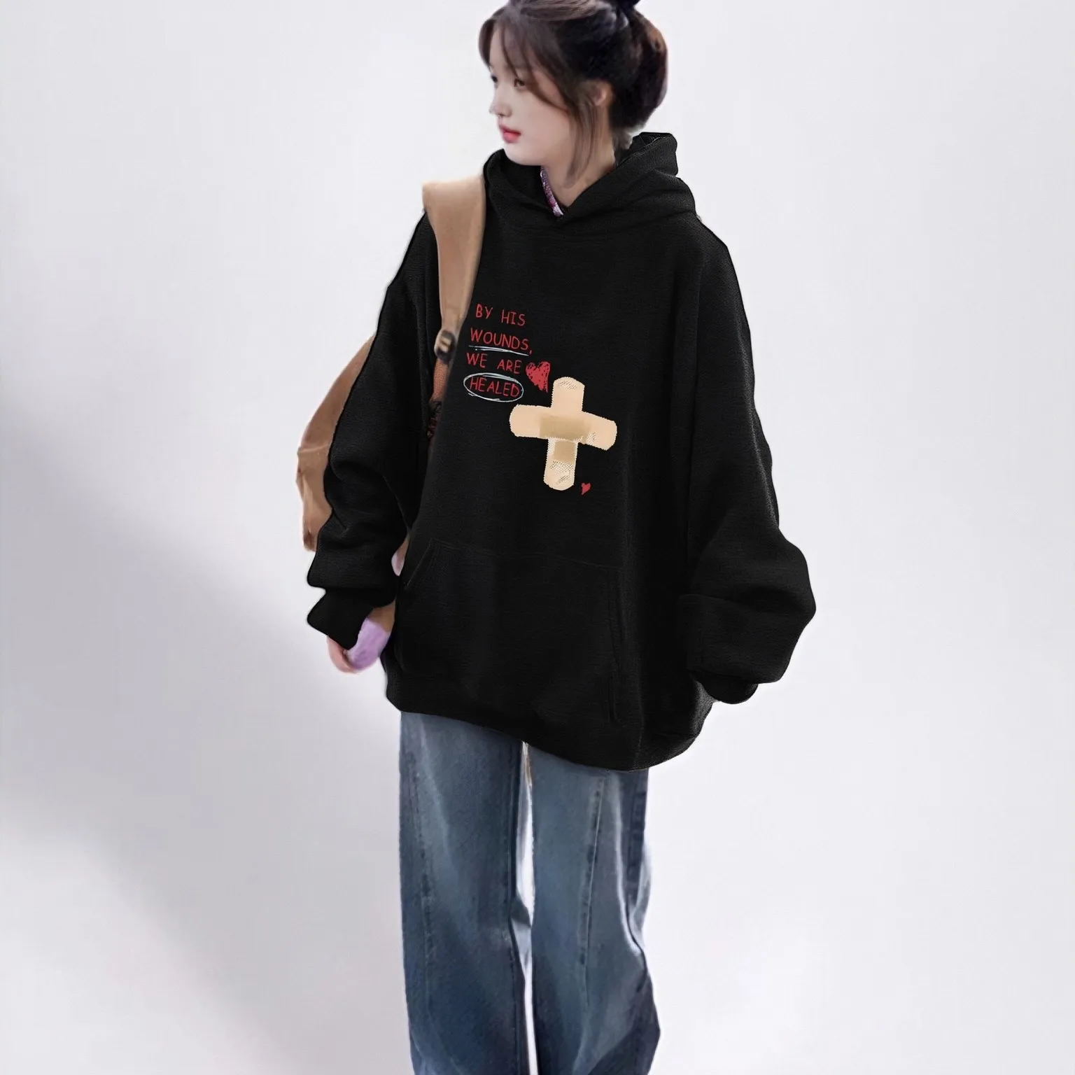 

Толстовка с капюшоном с исцеленным крестом, бандажный дизайн с крестом, повседневный свободный топ с длинными рукавами, осень-зима, значимый духовный удобный теплый топ