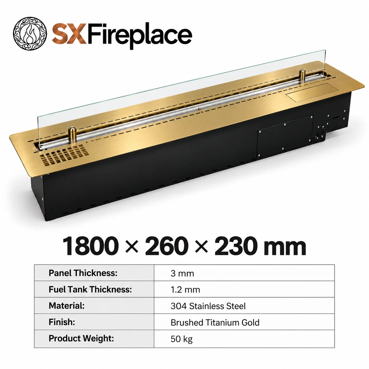 SXFireplace SXKT Smart Flame Fireplace Adjustable Real Fire with Remote And App Control 1800mm Titanium Gold SXKT Fireplace