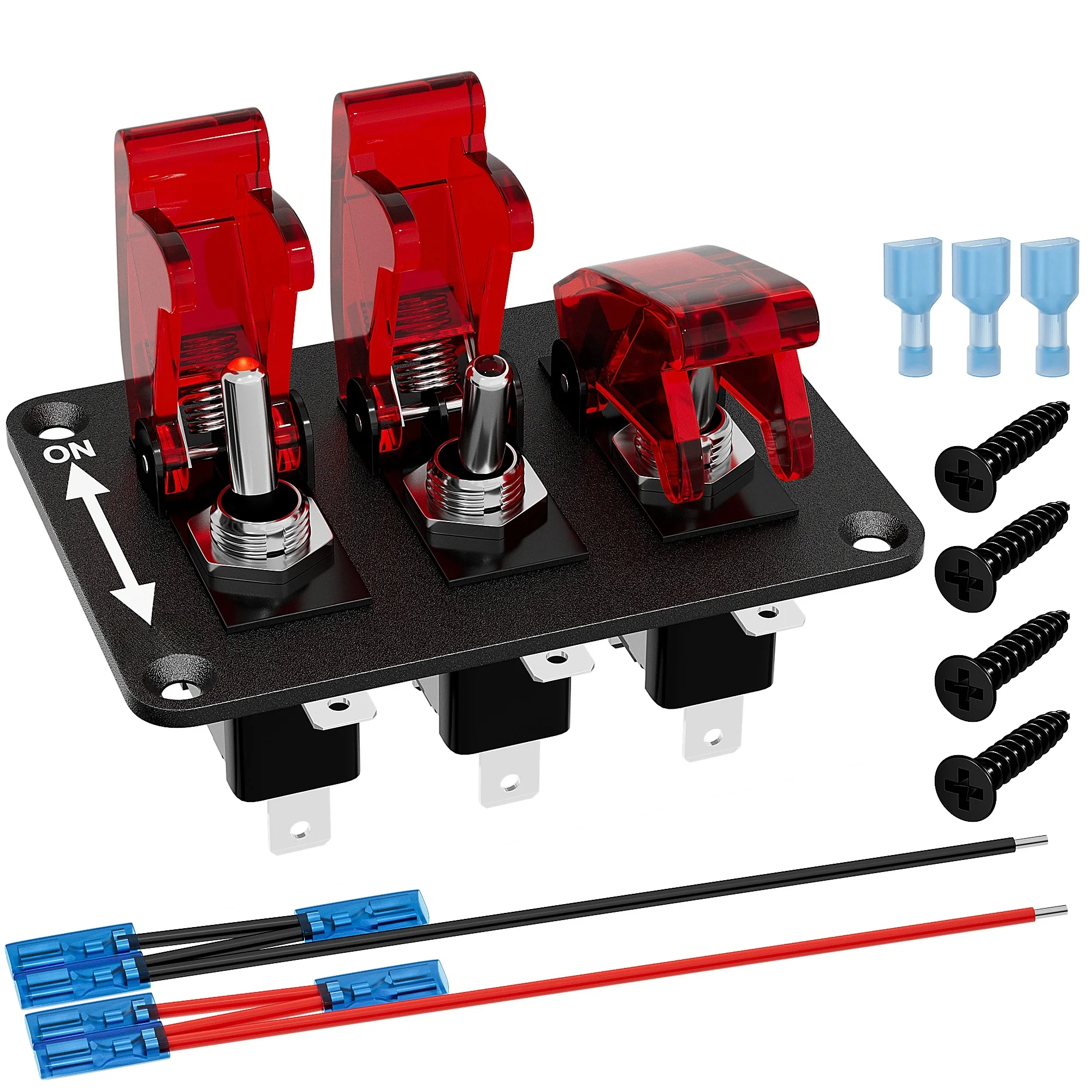 DaierTek 3-Gang-Kippschalter, 12 V, Racing-Wippschalterfeld mit LED-Licht und Klappabdeckung, EIN/Aus-Schalterplatte, 3-polig, SPST