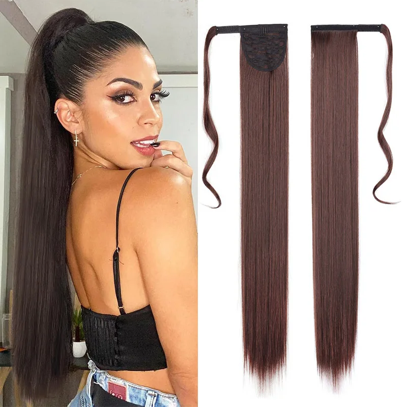 Straight Long Synthetic Ponytail Extensions 34 Inch Brown Wrap Around Ponytails Hair Extensions Hairpieces For Women Girls