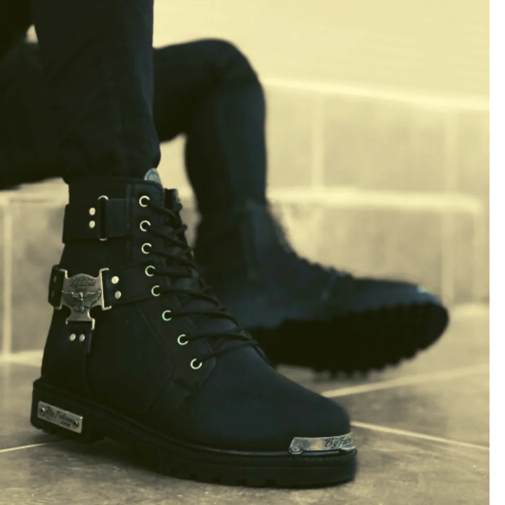 Men Winter PU Leather Boot Biker Unisex Black Motorcycle Metal Decor Ankle Boots Botas Hombre