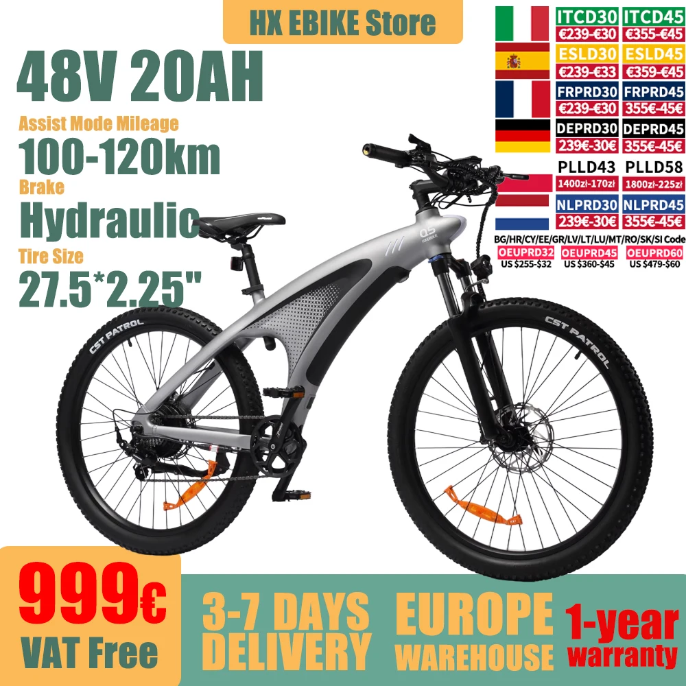 Bicicletta Elettrica HX Q5 per Adulti, 48V20AH, Bici Elettrica da Montagna, 85N.M, Pneumatici Fuoristrada 27.5'*2.25'