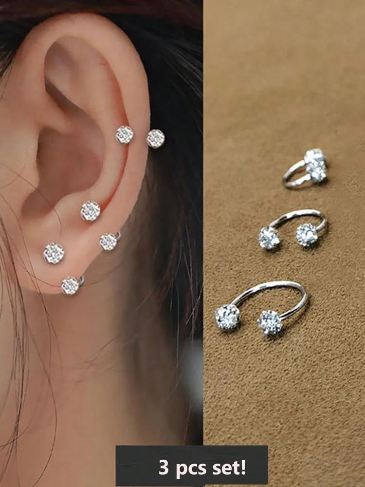 3Pcs Sparkling Soft Ceramic Horseshoe Ball Stackable Hoop Earrings
