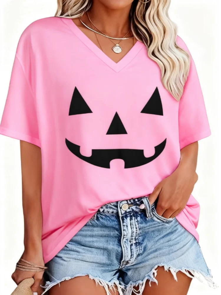 تيشيرتات كبيرة الحجم مصنوعة من القطن بنسبة 100% للنساء بياقة على شكل V وأكمام قصيرة وطبقة أساسية شتوية كاجوال فضفاضة