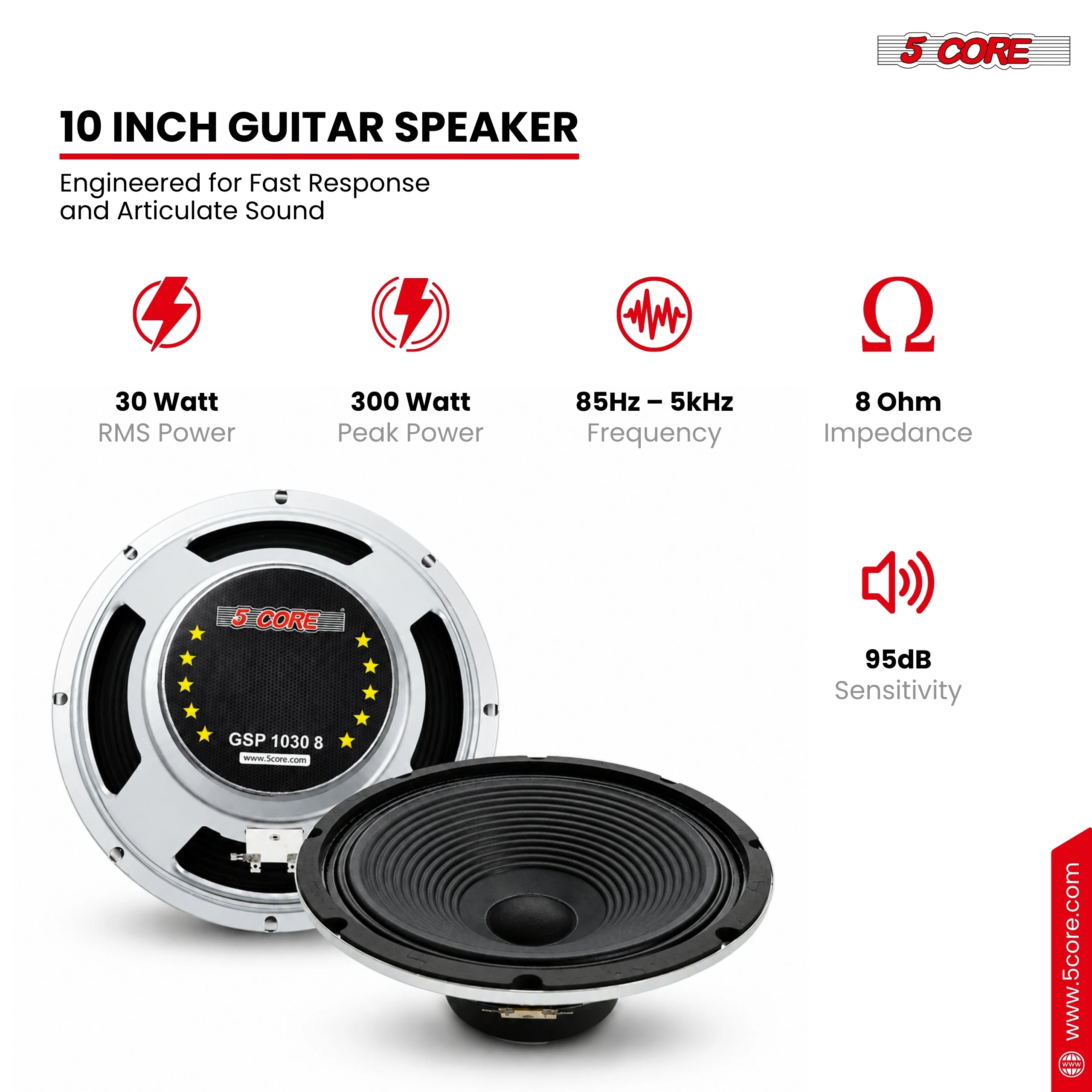 5 Core 10 Inch Guitar Speaker 60W 8Ohm 25Oz Magnet 1.25