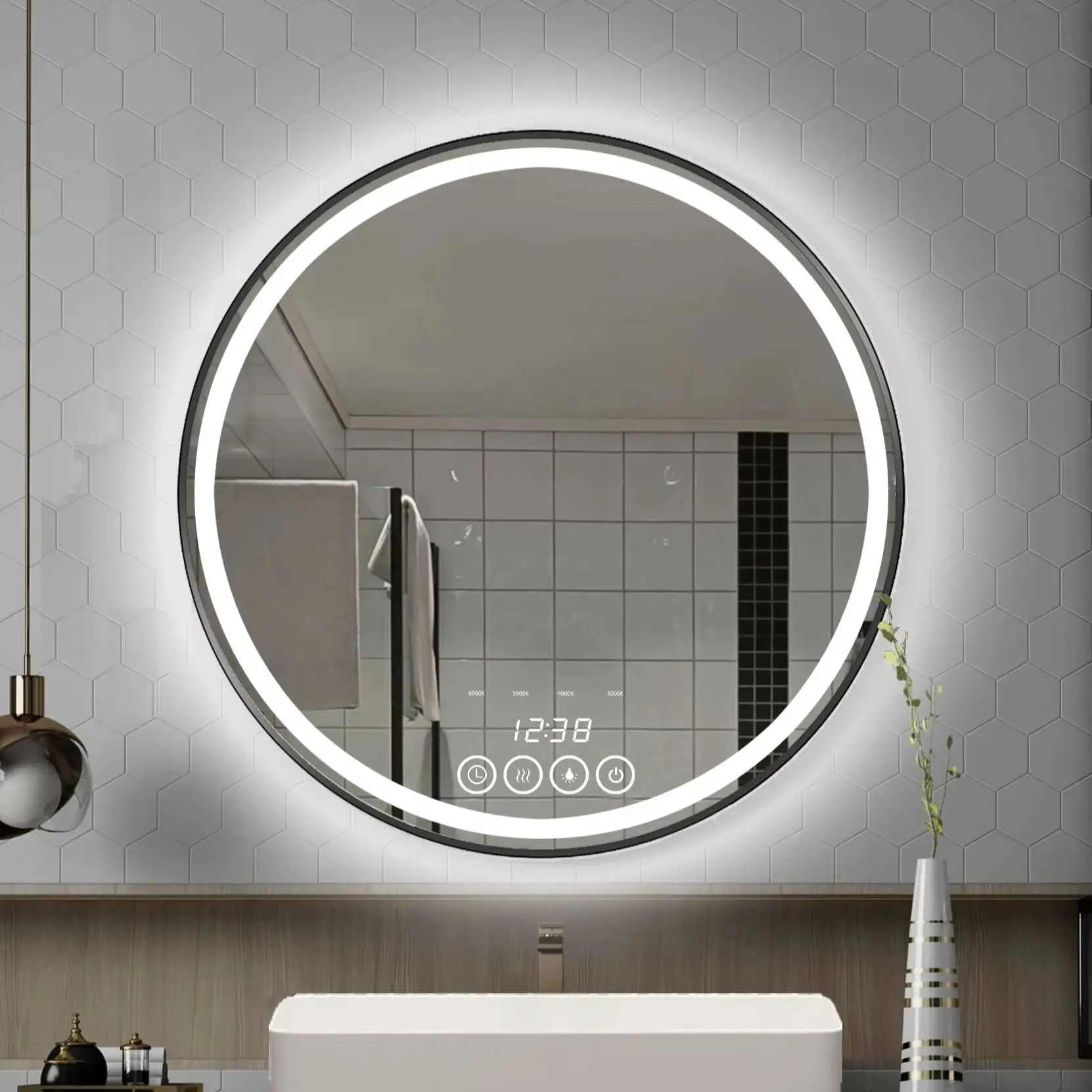 Ronde LED Badkamer Spiegel 60 cm 3000K-6000K Verstelbaar Licht Anti-condens Wandspiegel voor Badkamer Make-up & Kaptafel Modern Design