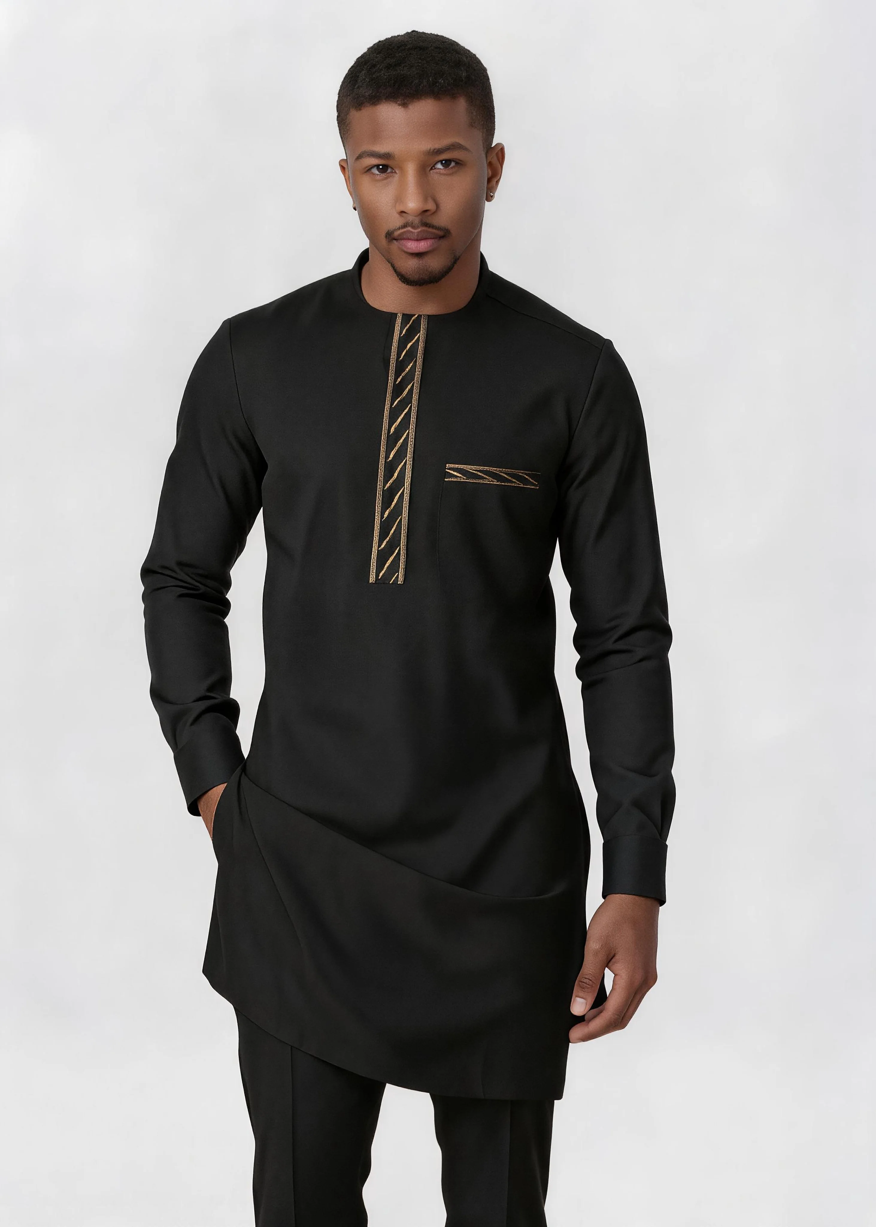 Men Muslim 2Pcs Kurta Pant Set Gold Striped Embroidery African Eid Thobe Formal Outfit