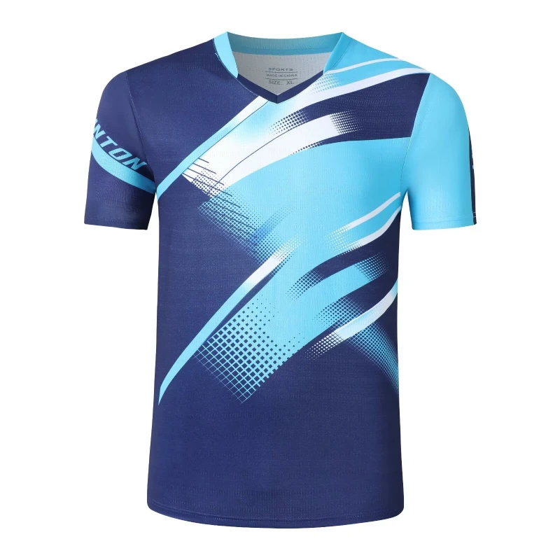 Uniformes masculinos e femininos de badminton, camiseta de manga curta com logotipo estampado, roupas esportivas de malha grande, branco, azul