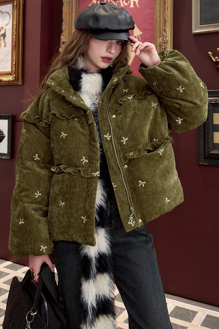 ELFSACK Winter Bow Embroidery Down Jacket for Women, Sweet And Cute Warm Velvet Cloth Thick Warm Coat
