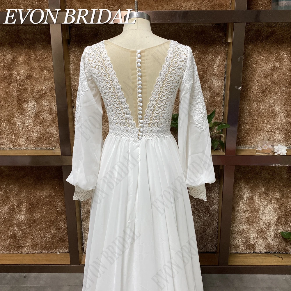 EVON BRIDAL Foto real bohemio vestido de novia blanco chiffon túnica de encaje de manga esponjosa de Marié vestido de novia de ensueño botones