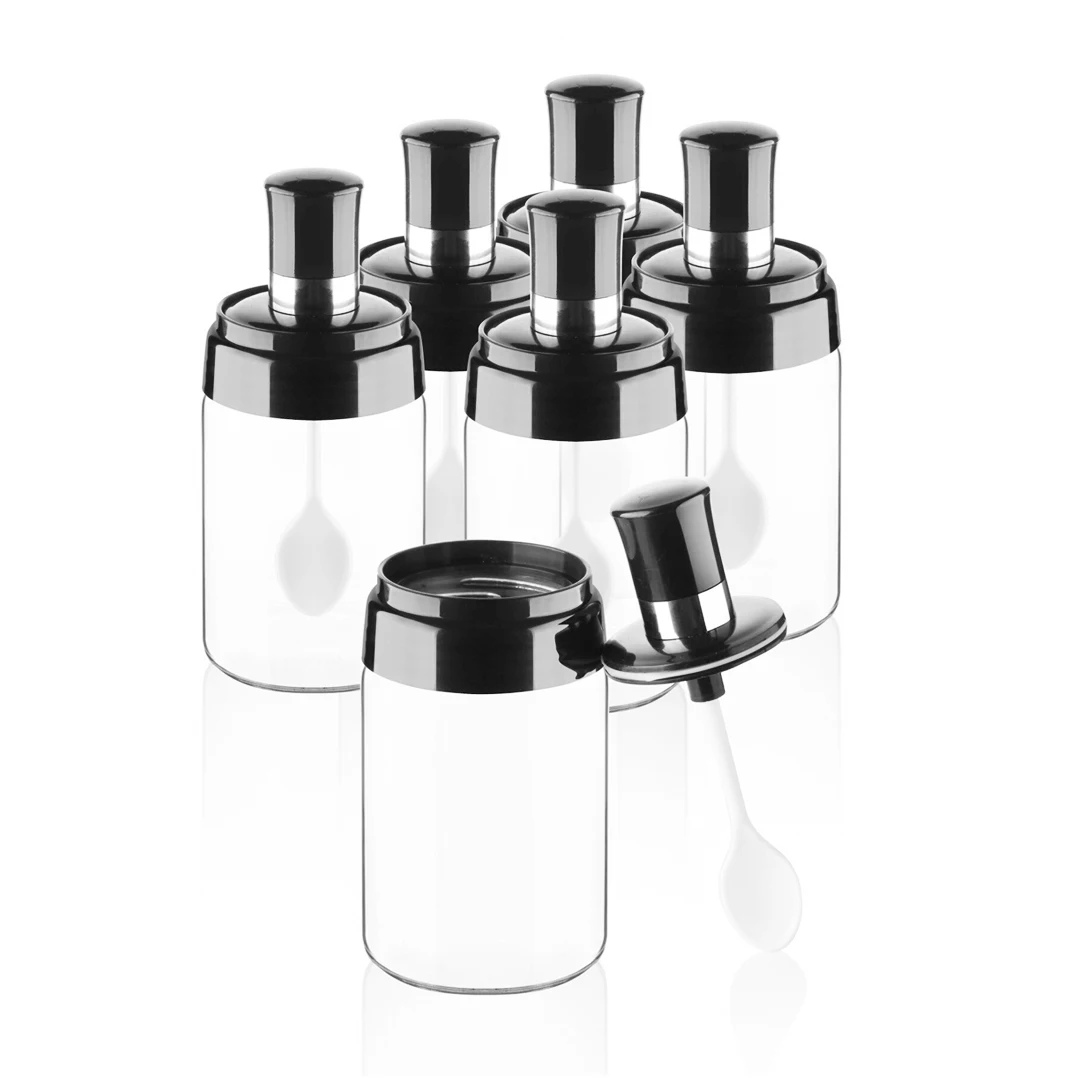 6 Piece Kitchen Accessory Spice Jar Glass Jar With Spoon Plastic Lid Adjustable Practical Storage Organizer