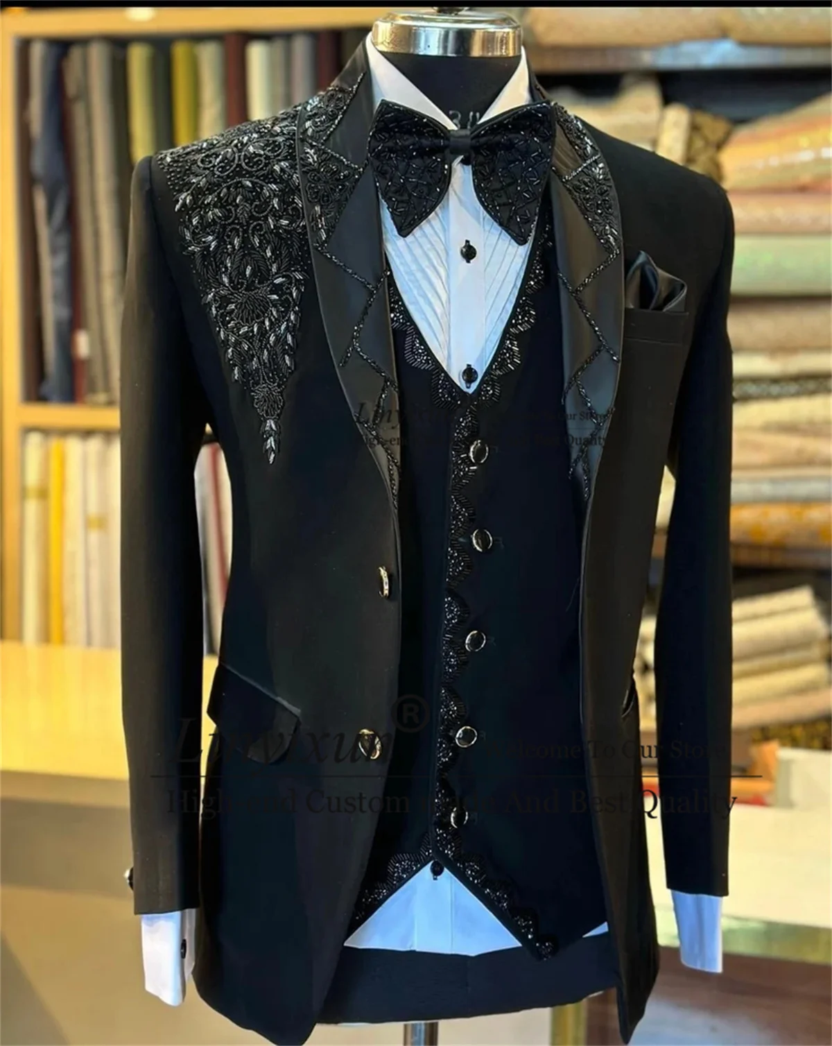 

Luxury Beaded Crystals Men Suits 3 Pieces Sets Wedding Groom Tuxedos Formal Party Prom Blazers Slim Fit Costume Homme Marrige