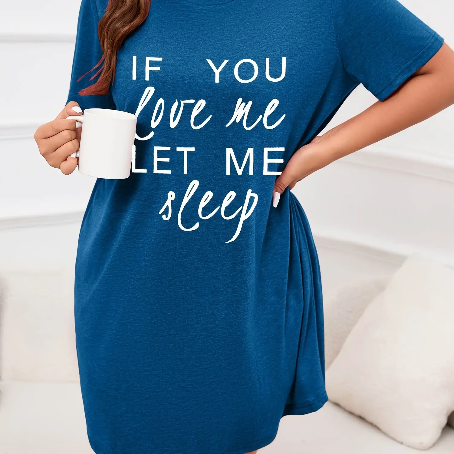 Women\'s Letter Printed Short Sleeve Round Neck Nightgown Plus Size Casual Home Dress Micro Stretch Student Sleepwear